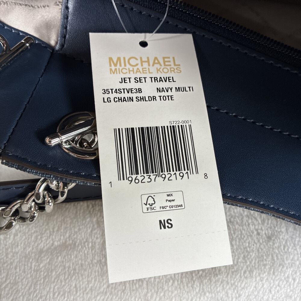 NWT Michael Kors Jet Set Travel Large Chain Shoulder Tote Bag Navy Multi Charity - Picture 15 of 16